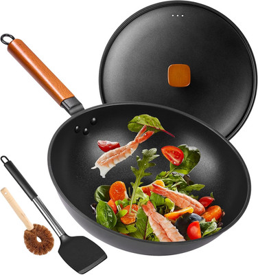 Carbon Steel Wok Pan - 13'' Woks & Stir-Fry Pans Nonstick with Spatula: Flat Bott