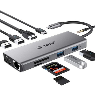 TOTU 11-in-1 USB-C Hub: 4K HDMI, VGA, 2x USB3.0, 2x USB2.0, Ethernet, SD Card...