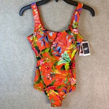 Lands End Swimsuit Women 8 Orange Tropical Floral One Piece Swimwear NEW