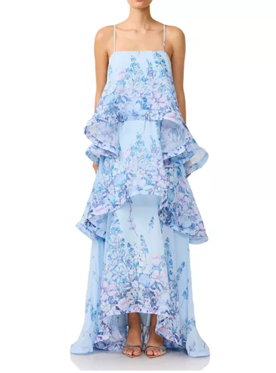 Elliatt Armani Baby Blue Floral Tiered Flounce Maxi Dress Tilly Georgette SMALL