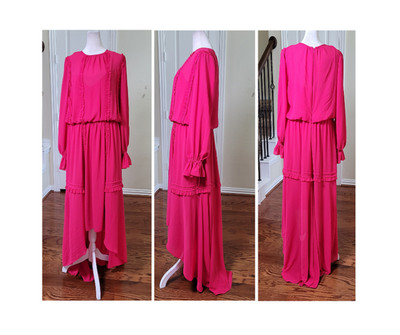 Mikael Aghal Pink Maxi Dress Women 10 Ruffle Hi Lo Wedding Guest Maternity Shoot