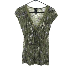 Vanity Olive Floral Lace Fairycore Sheer V Neck Cap Sleeve Top Womens S Ethereal