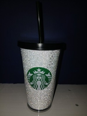 Starbucks Tasse White Sparkle Silver Glitter Ombré Grande Large 16oz Tumbler Strohhalm