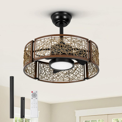 20'' Caged Ceiling Fan with Lights, Remote Control, Dimmable, Black Walnut