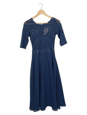 Swing Damen Abendkleid Ballkleid Spitze Langarm Dunkelblau Gr. 34/XS
