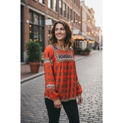 Given Kale XS Orange Boho Peasant Blouse Top Tassel Tie Back Long Sleeve