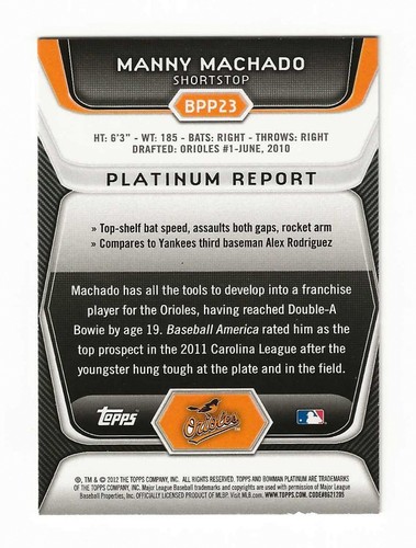 CARTA RC MANNY MACHADO 2012 BOWMAN PLATINUM PROSPECTS #BPP23 - ORIOLES - COME NUOVA - Foto 2 di 2