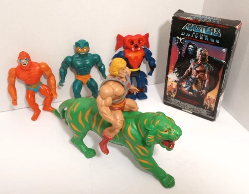 Vintage MOTU HE-MAN And BATTLE CAT + VHS Set - 1981 Soft Head READ Description