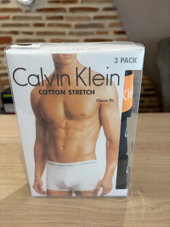 Calvin Klein Cotton Stretch 3 Pack Boxer Homme Noir Orange Bleu Taille L Neuf - Photo 1/4