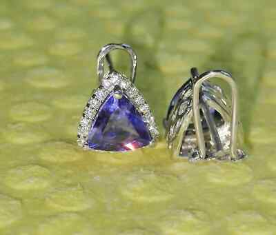 4Ct Trillion Cut Blue Tanzanite Halo Women's Stud Earrings In White Gold Plated