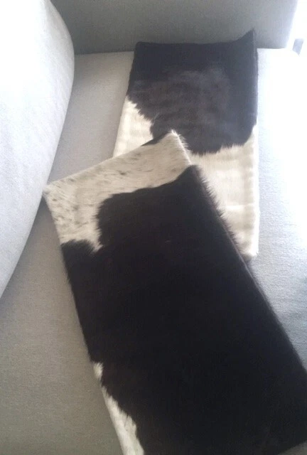 Par de fundas de almohada lumbares de cuero de vaca marrón y blanco auténticas de lujo forradas 10 x 20" Foto 4 de 4