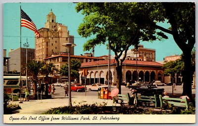 St. Petersburg Florida 1960s Postcard Open Air Post Office Bus Cars Business