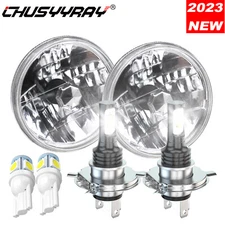 7 Inch Round Sealed Beam Glass Clear Lens Headlights H4 Bulbs H6024 H6014 Pair