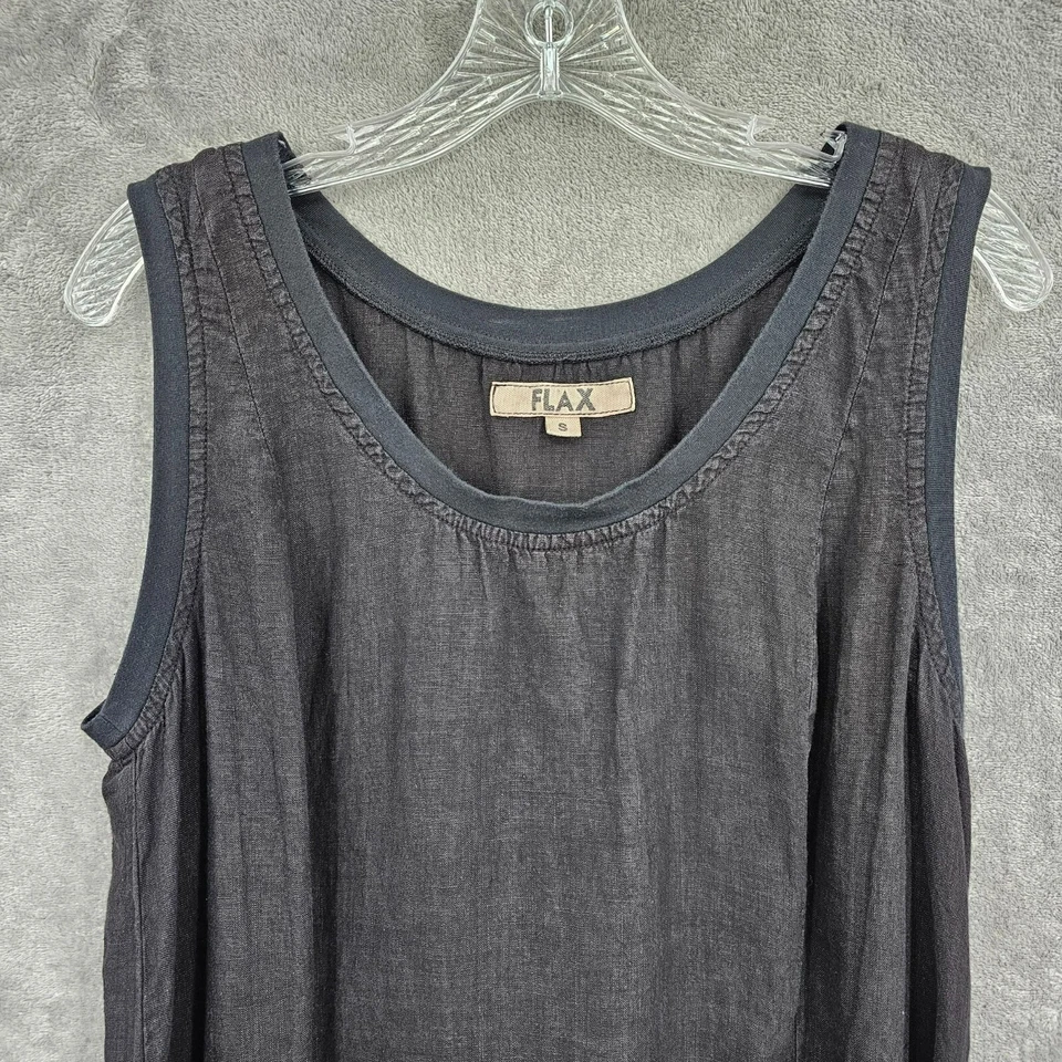 Vestido recto sin mangas de lino S negro lino ribete en contraste ligero informal ventoso fresco Foto 4 de 4