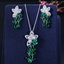 Silver Plated Green CZ Round Flower Earring Pendant Necklace Fashion Jewelry Set