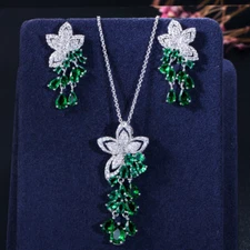 Silver Plated Green CZ Round Flower Earring Pendant Necklace Fashion Jewelry Set