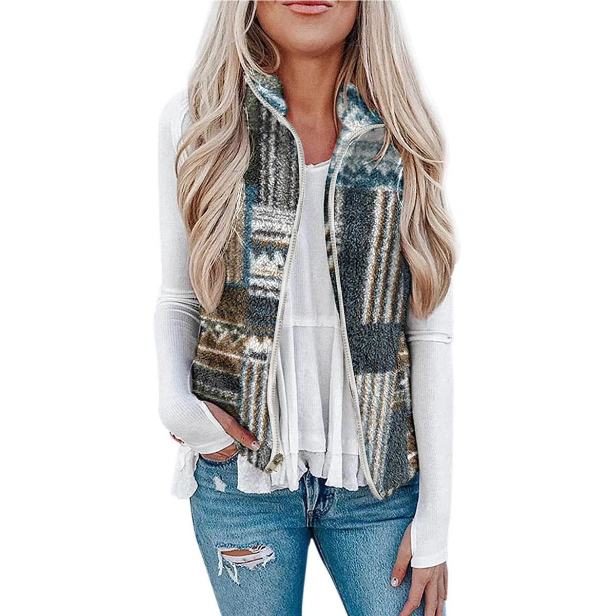 S) Tie Dye Fleece Vest Sleeveless With Zipper Ethnic Pattern Print Vest |  eBay