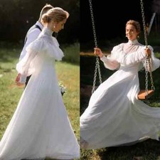 White A Line Wedding Dress Vintage Bride Dresses High Neck Lace Appliques