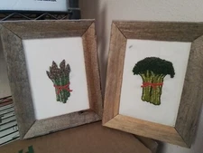 VTG set of 2 1960's Needle Point Framed Art Broccoli /asparagus barn wood fra