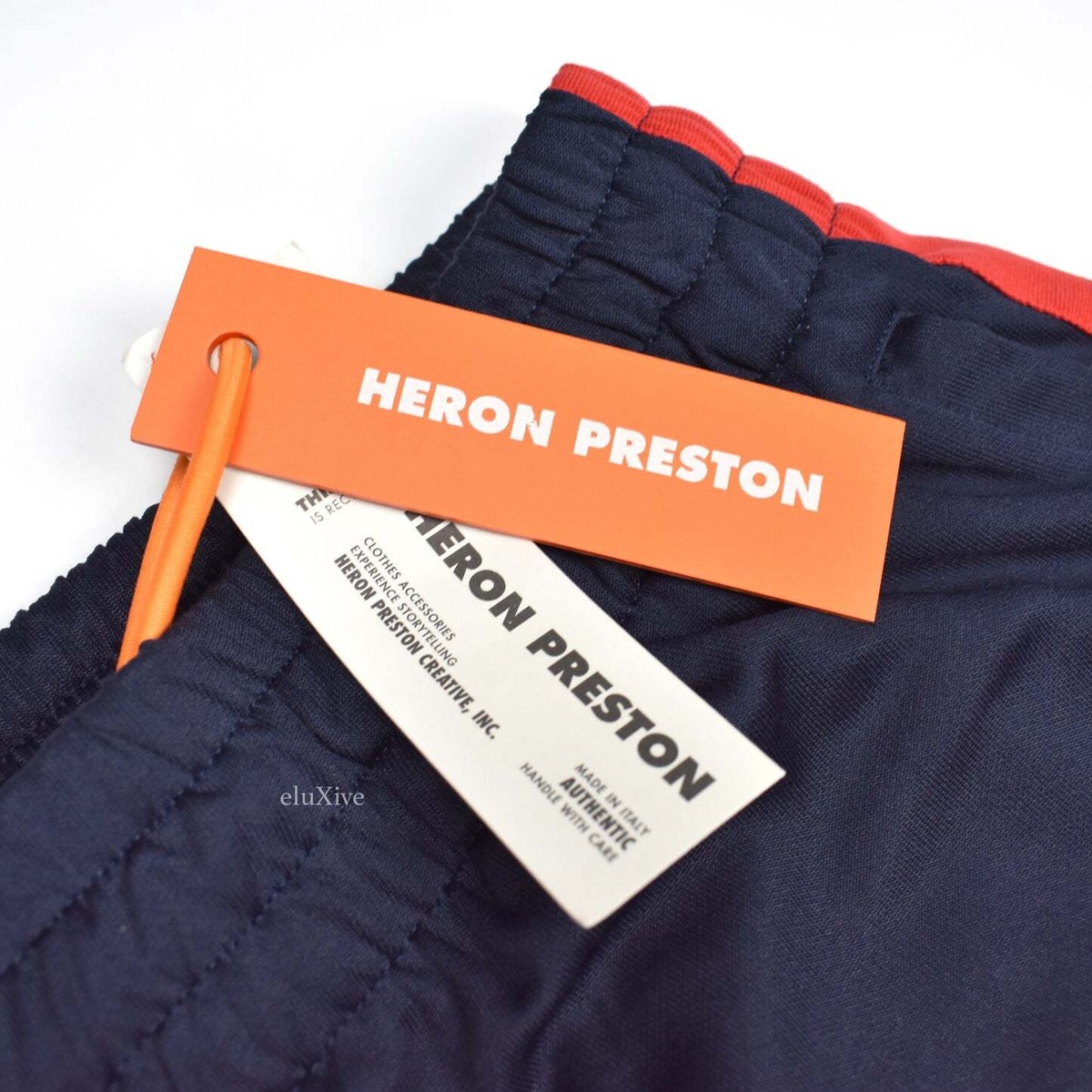 NWT $395 Heron Preston Navy Side Stripe Russian Logo Track Pants