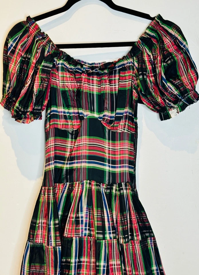 DE COLECCIÓN AÑOS 40 TOP CAMPESINO INSPIRACIÓN MEXICANA VESTIDO MAXI FALDA ESCALONADA TAFETÁN A CUADROS*XXS/XS Foto 2 de 4