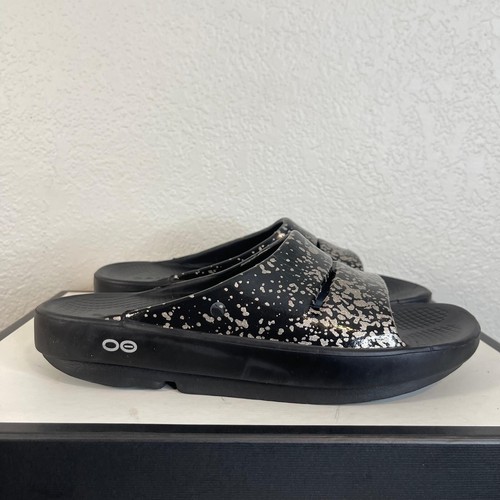 OOFOS Ooahh Luxe Slides Recovery Sandals Champagne Pop Black Women's 9 Men's 7