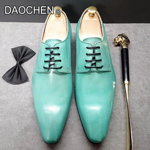 SAOLA Men's Pu Leather Shoes Light Green Lace up Pointed Dress Office Business Shoes