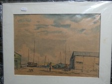 old watercolour sketch os a fishing vilage boats werehouse
