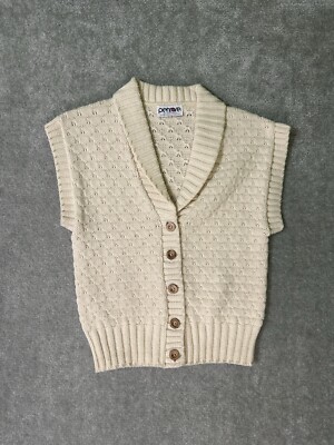 Vintage Beige Penrose Acrylic Knit Cardigan Sweater Vest Size M