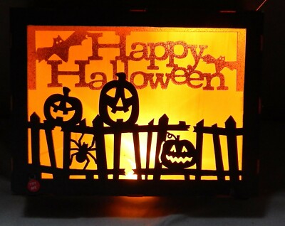 Halloween Lighted Decor Wooden Box LED 8'' x 6'' Orange Lite & Orange Glitter 227W