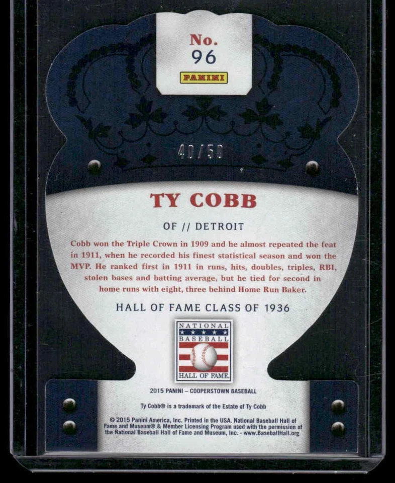 2015 Panini Cooperstown #96 Ty Cobb HOF Crown Royale Die Cut Purple #/50 - Image 2 of 2