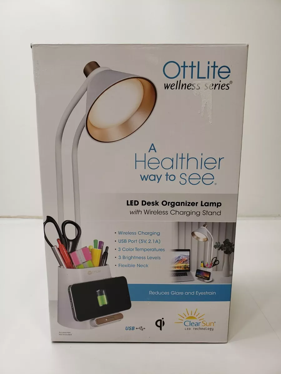 OttLite Wellness Series LED Desk Light Organizer Lamp & Wireless Charging  Stand