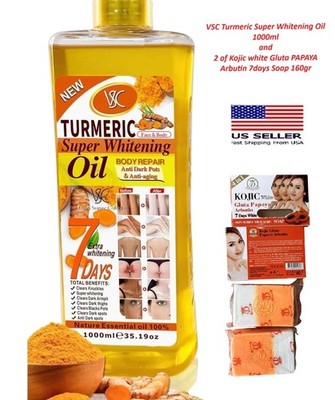 Turmeric Super Whitening Oil 1000ml and 2 Kojic White Gluta PAPAYA Arbutin Soap
