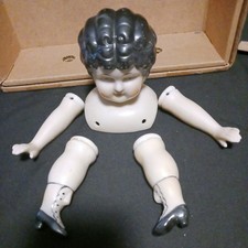 Antique Porcelain Doll Head Numbered 5 Painted Black Curls 4.25" High Nice Cond