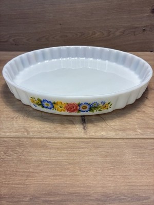 Vintage Pyrex England Floral Milchglas Flan Quiche Tortenform 26 cm weiß