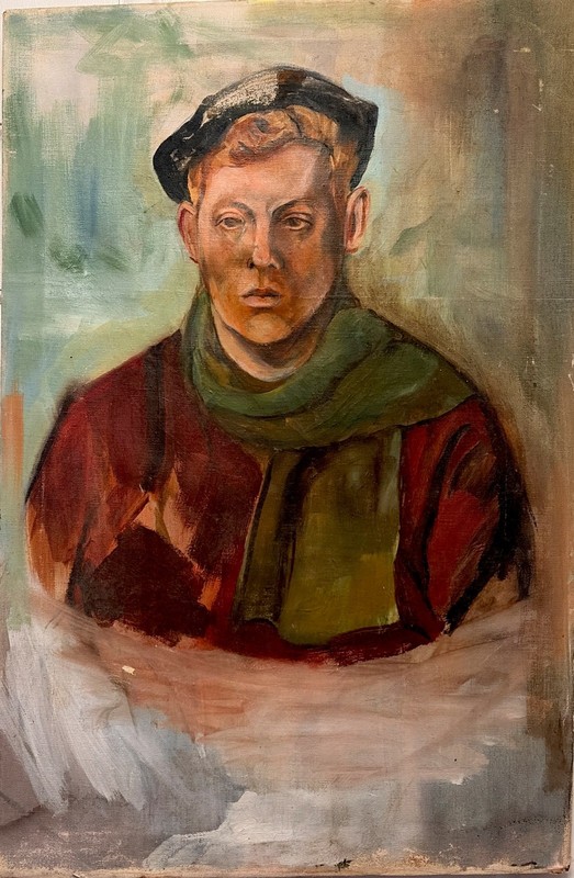 VTG Oil Painting Portrait Handsome YOUNG MAN w CAP Green SCARF  Gay Interest