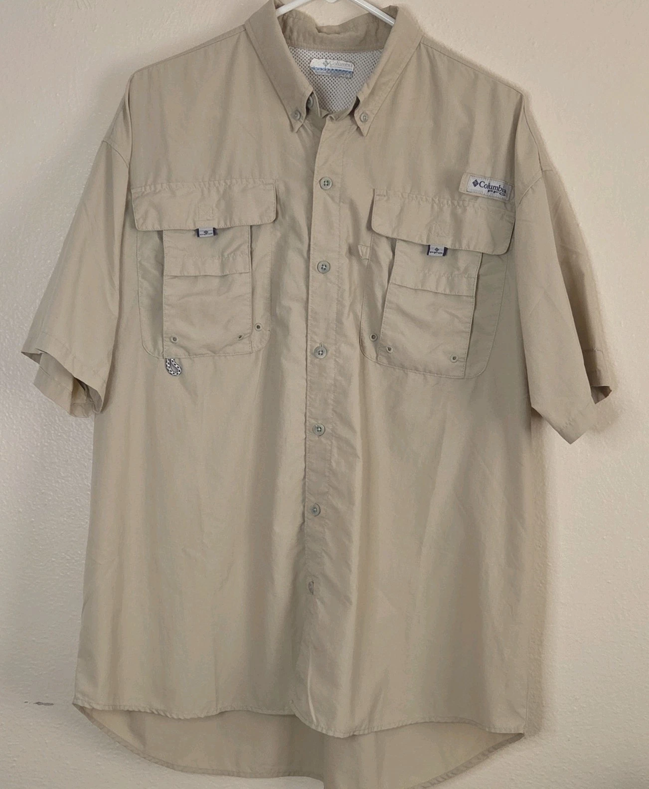 Columbia PFG Omni-Shade Beige Fishing Shirt Men's Large UV Protection Quick Dry