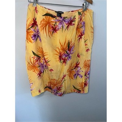 Via Seta Yellow Tropical Floral Silk Blend Crinkle Skirt Size 12 Mid Length