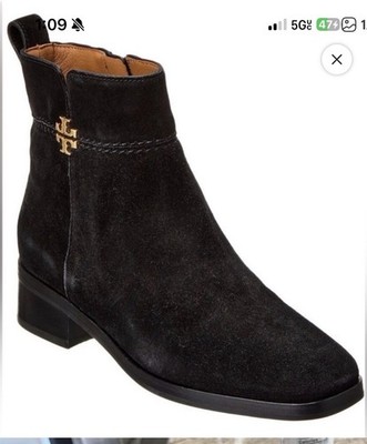 Tory Burch Women Everly Black Suede T Logo Dress Zip Ankle Boots sz 7 BNWOT