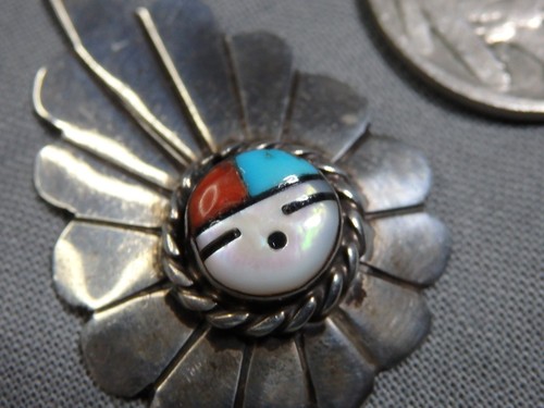 1990s ZUNI Real TURQUOISE Coral Shell Sterling Silver 20" SUNFACE Necklace ๐๐ - Picture 6 of 9
