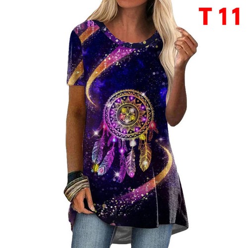Women Plus Size Tunic Long Tops Blouse Summer Ethnic Printed Pullover Tee Shirts - Picture 16 of 77