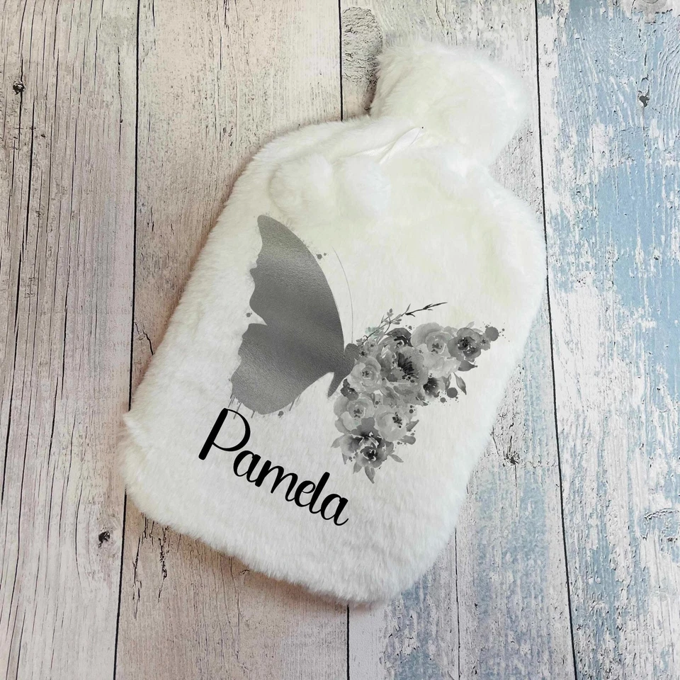 JUST TOYS ONLINE Personalised Hot Water Bottle Faux Fur Cover Grey Floral Butterfly Gift for Her