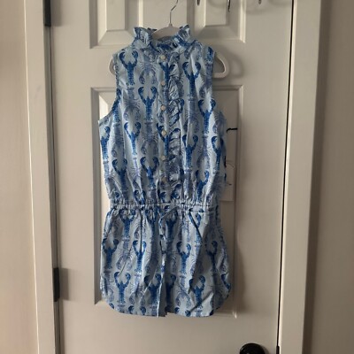 Classic Prep Childrenswear Blue Lobster Print Shortall Dixie Romper Size 7 New