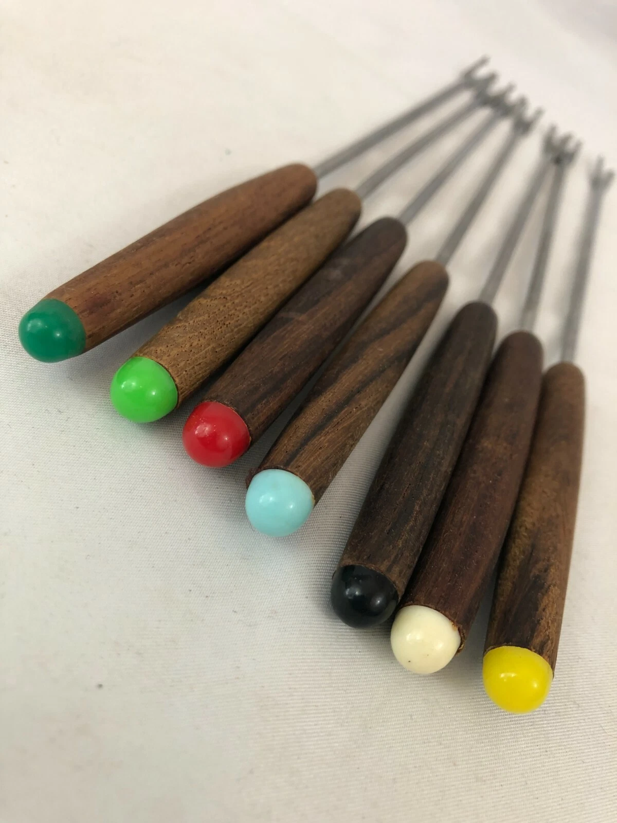 Vintage Set of 7 Stainless Steel Fondue Forks Skewers Dark Wood Base 10" Long