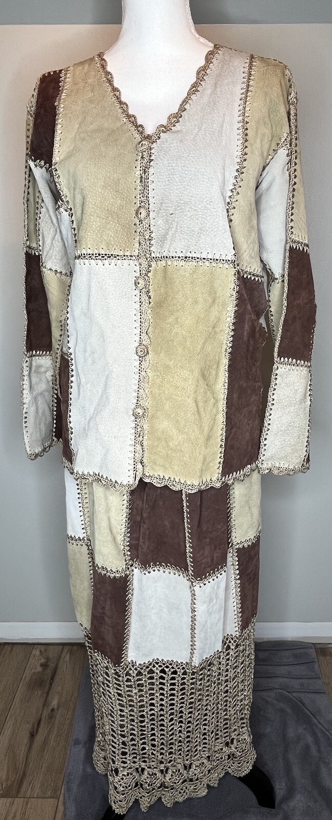 Vtg Patchwork Leather Suede Suit Jacket & Skirt P… - image 1