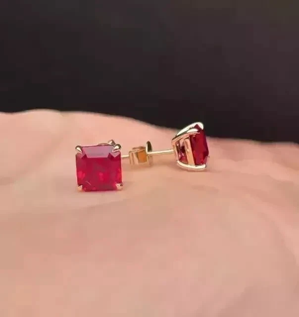 Lab-Created Ruby 3.00Ct Asscher Cut Women Earring's Stud 14K Yellow Gold Plated - Image 3 of 4