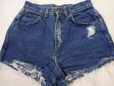 Vintage CHIC Women's Teen High Waist Blue Denim Jean Shorts W28 Distressed USA