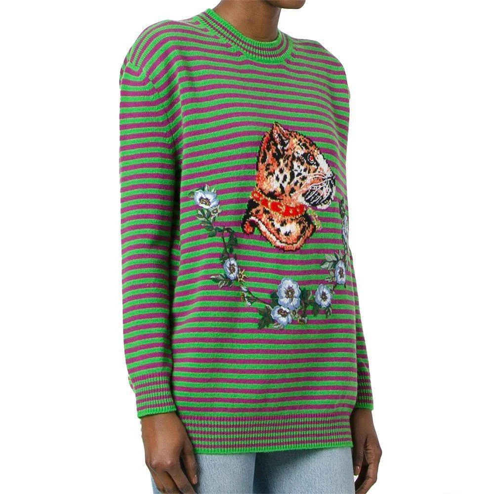 Gucci Women s Wool Striped Leopard Head Sweater Green