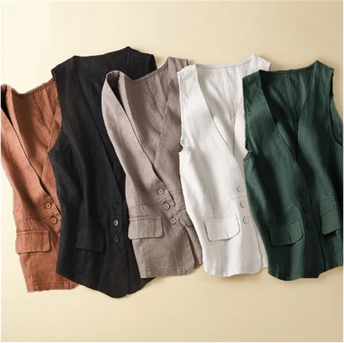 Womens Linen Blend Sleeveless Button Down Top V Neck Waistcoat Vest - Picture 9 of 24