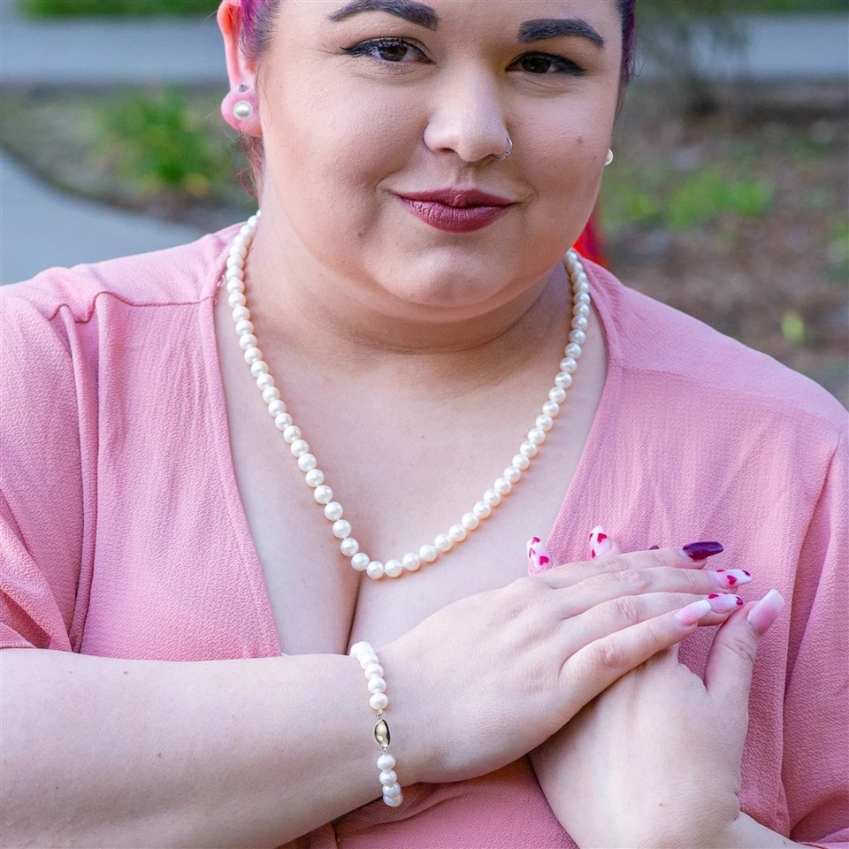 Conjunto de pendientes pulsera collar perlas blancas redondas de 24" 8" pulgadas redondas de 8-9 mm cultivadas Foto 2 de 4